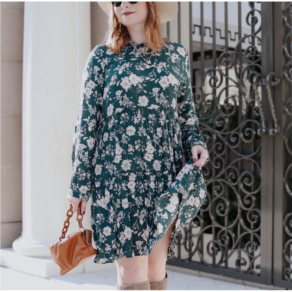 Knox Rose Floral Tiered Dress Green‎ Beige Long Sleeve Round Neck Ruffle XXL